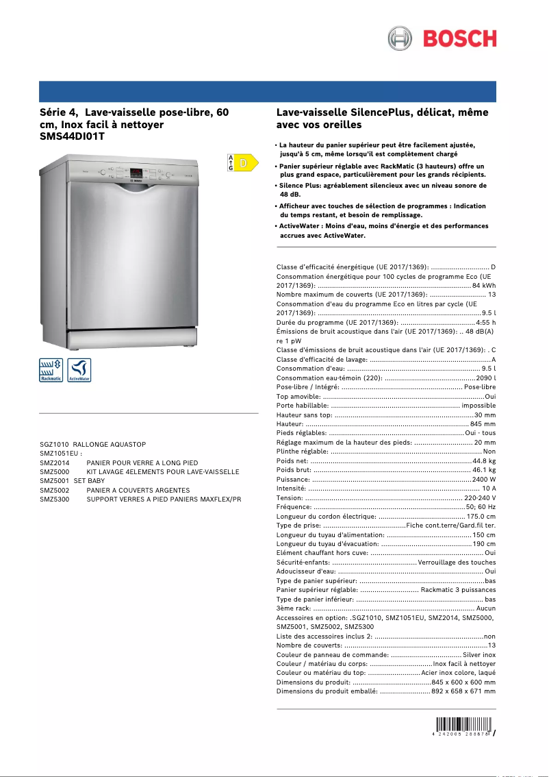 Page n°1 - Fiche technique Bosch SMS44DI01T