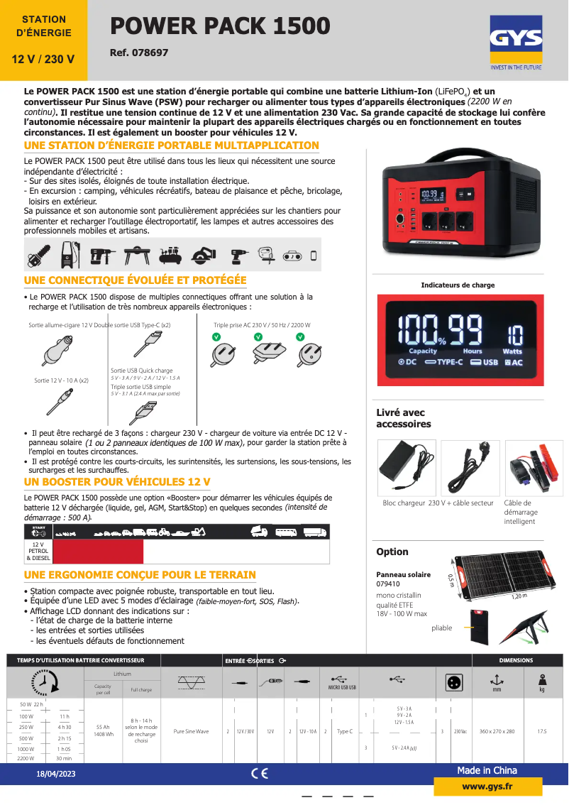 Page n°1 - Fiche technique GYS Power Pack 1500