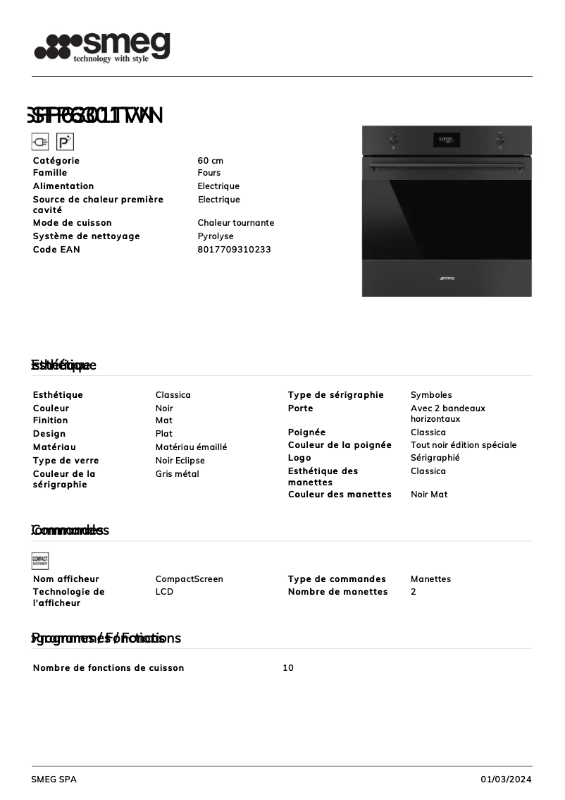 Page 1 de la notice Fiche technique Smeg SFP6301TVN