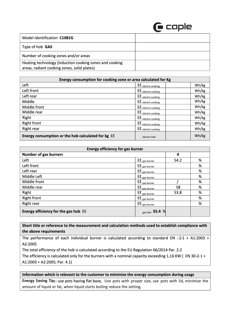 Page n°1 - Fiche technique Caple C1081G