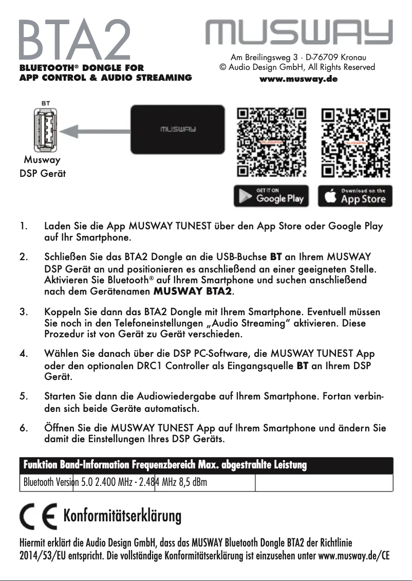 Page 1 de la notice Manuel utilisateur Musway BTA2