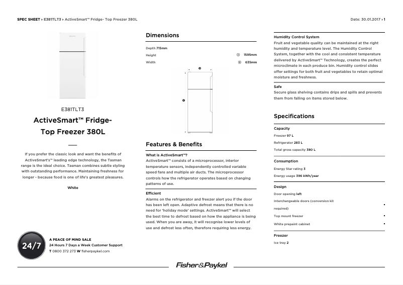 Page 1 de la notice Fiche technique Fisher & Paykel E381TLT3