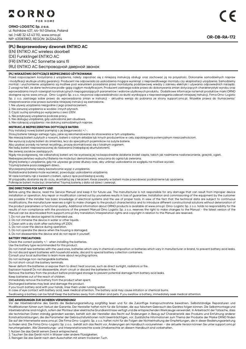 Page n°1 - Manuel utilisateur ORNO OR-DB-RA-172