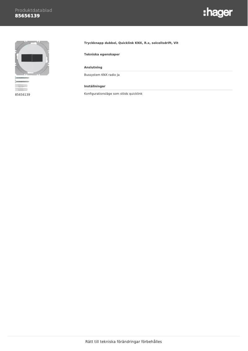 Page 1 de la notice Fiche technique Hager 85656139