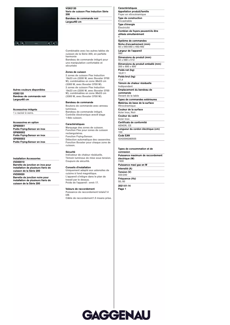 Page 1 de la notice Fiche technique Gaggenau VI262120