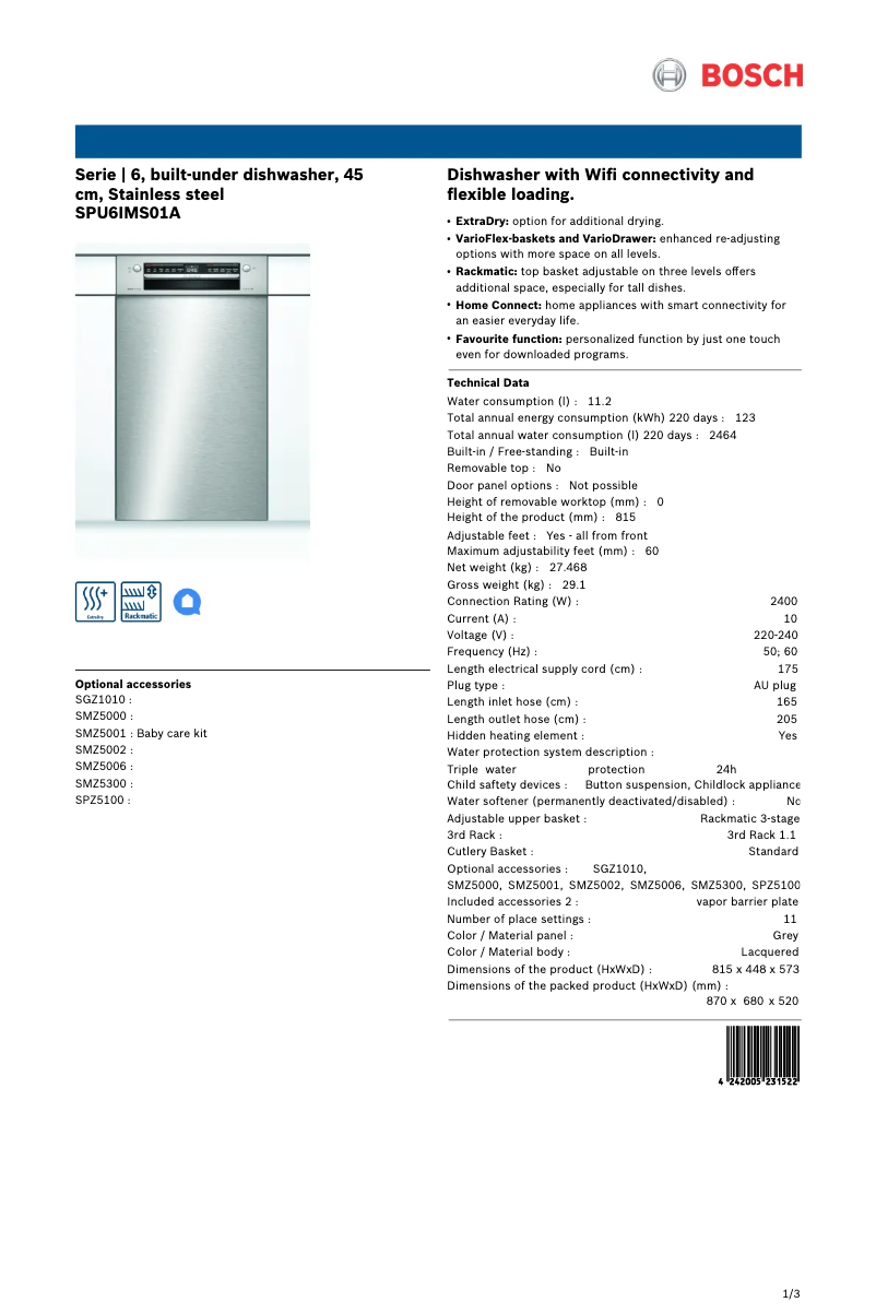 Page n°1 - Fiche technique Bosch SPU6IMS01A