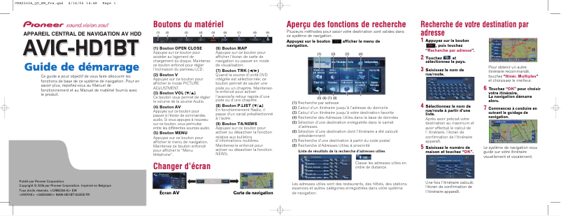Page n°1 - Guide de démarrage rapide Pioneer AVIC-HD1BT
