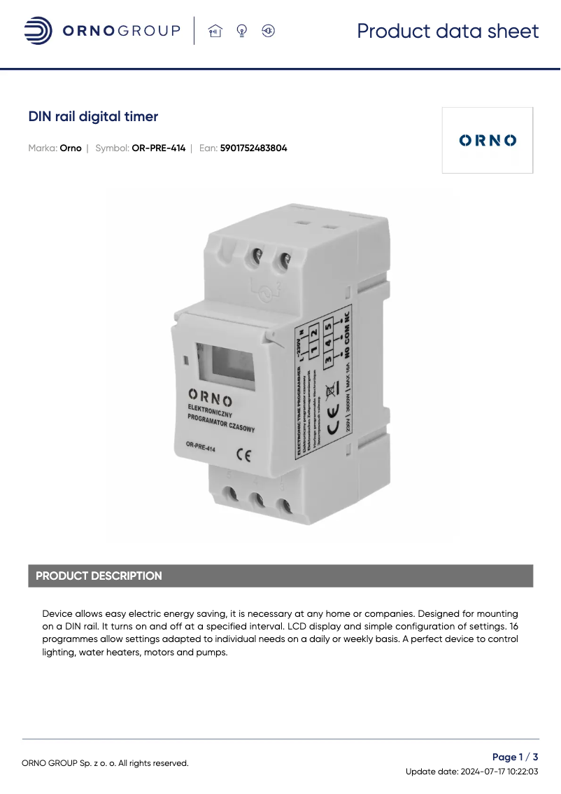 Page 1 de la notice Fiche technique ORNO OR-PRE-414