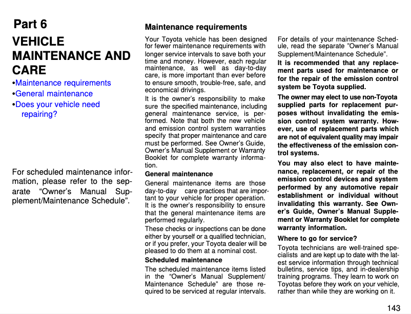 Page 1 de la notice Manuel d'utilisation et d'entretien Toyota Supra (1996)