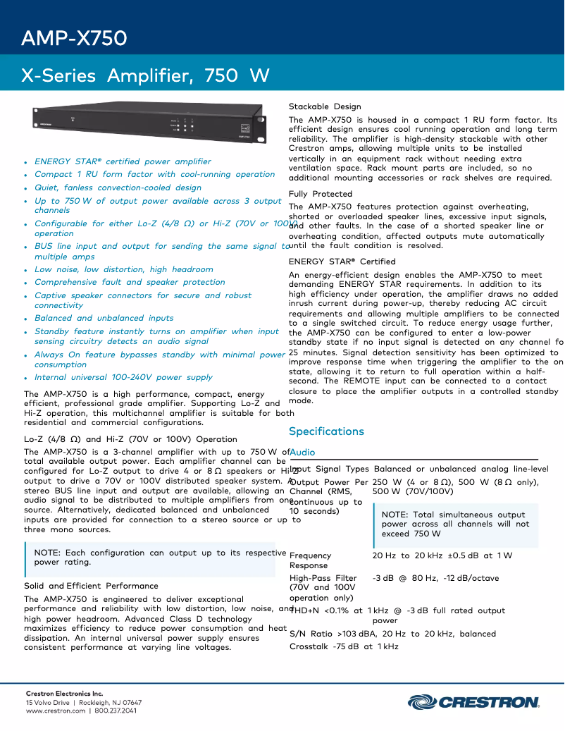 Page 1 de la notice Fiche technique Crestron AMP-X750
