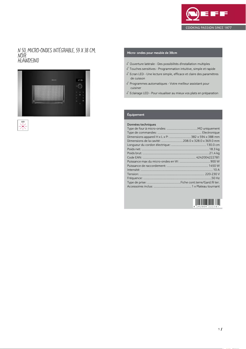 Page 1 de la notice Fiche technique Neff HLAWD53N0