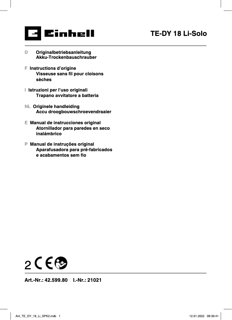 Page 1 de la notice Manuel utilisateur Einhell TE-DY 18 Li-Solo