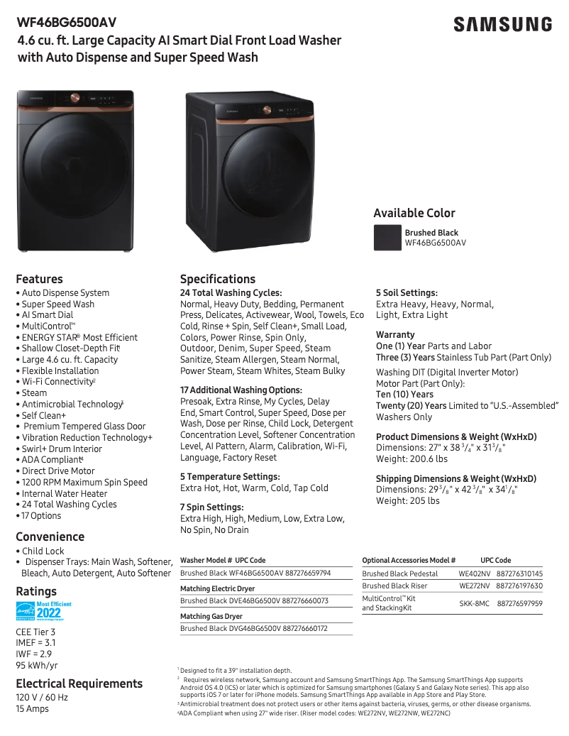 Page 1 de la notice Fiche technique Samsung WF46BG6500AV