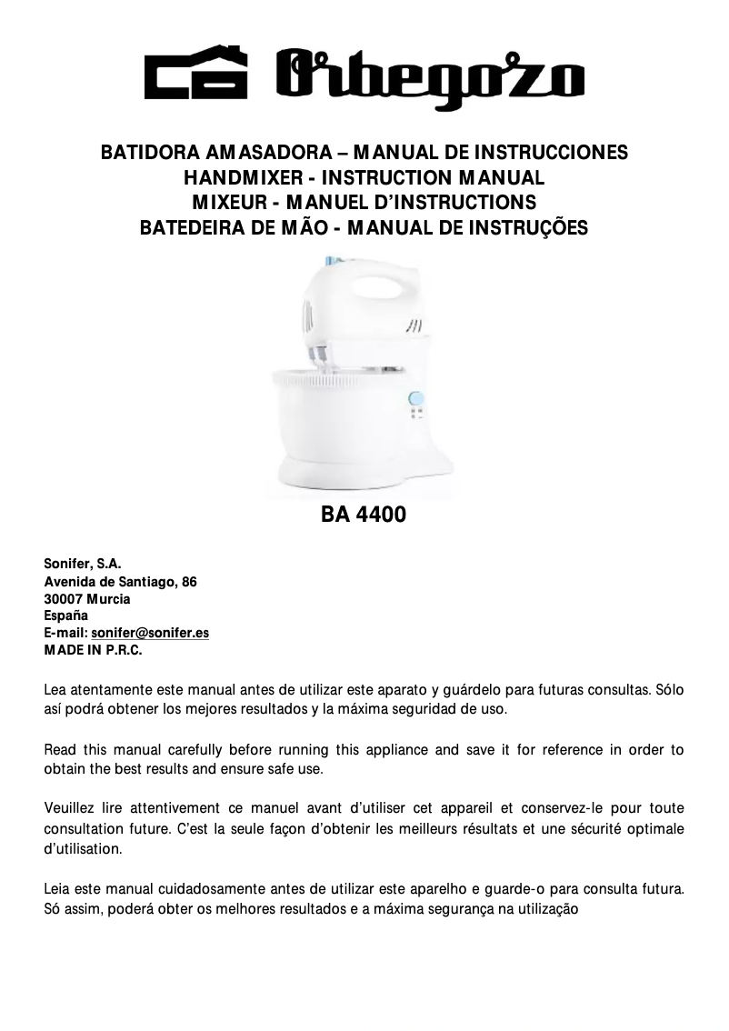 Page 1 de la notice Manuel utilisateur Orbegozo BA 4400