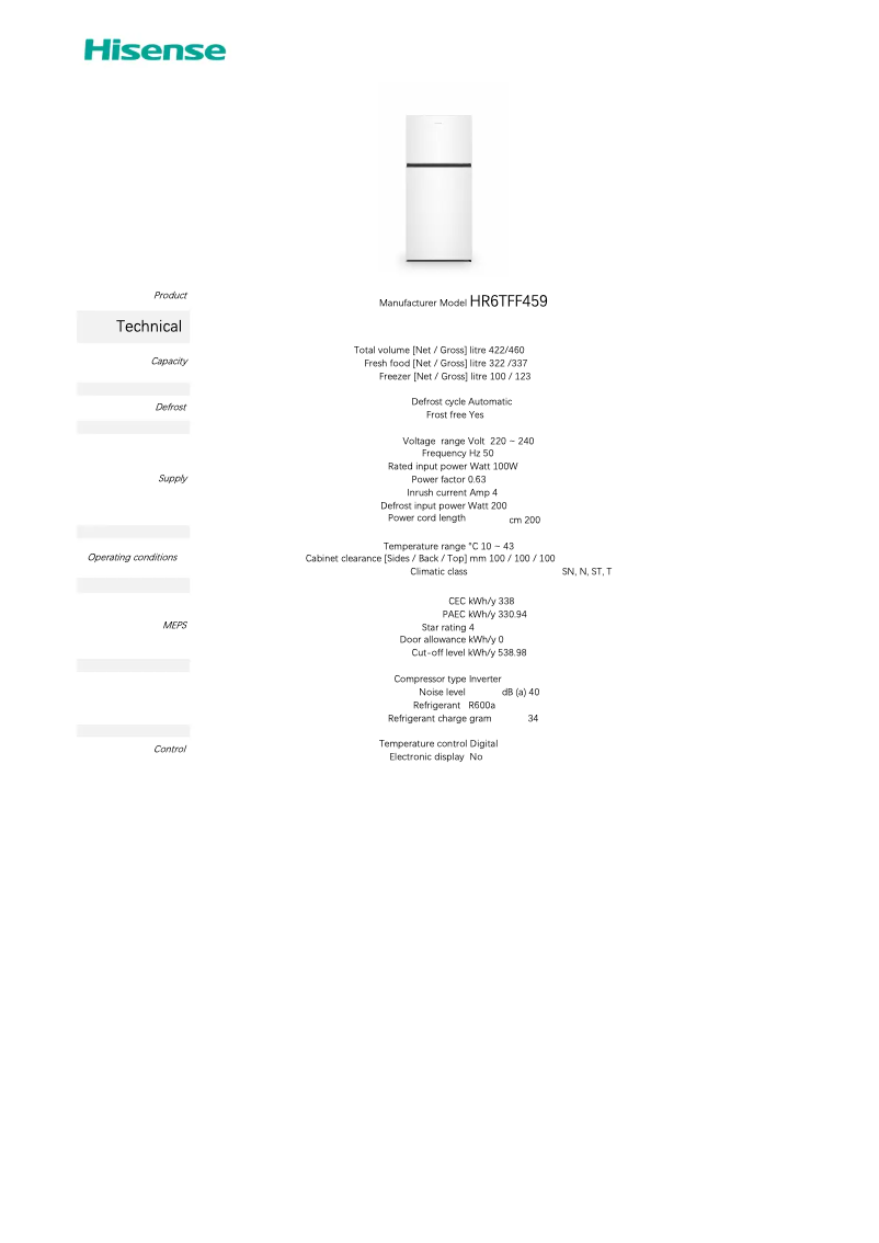 Page 1 de la notice Fiche technique Hisense HR6TFF459