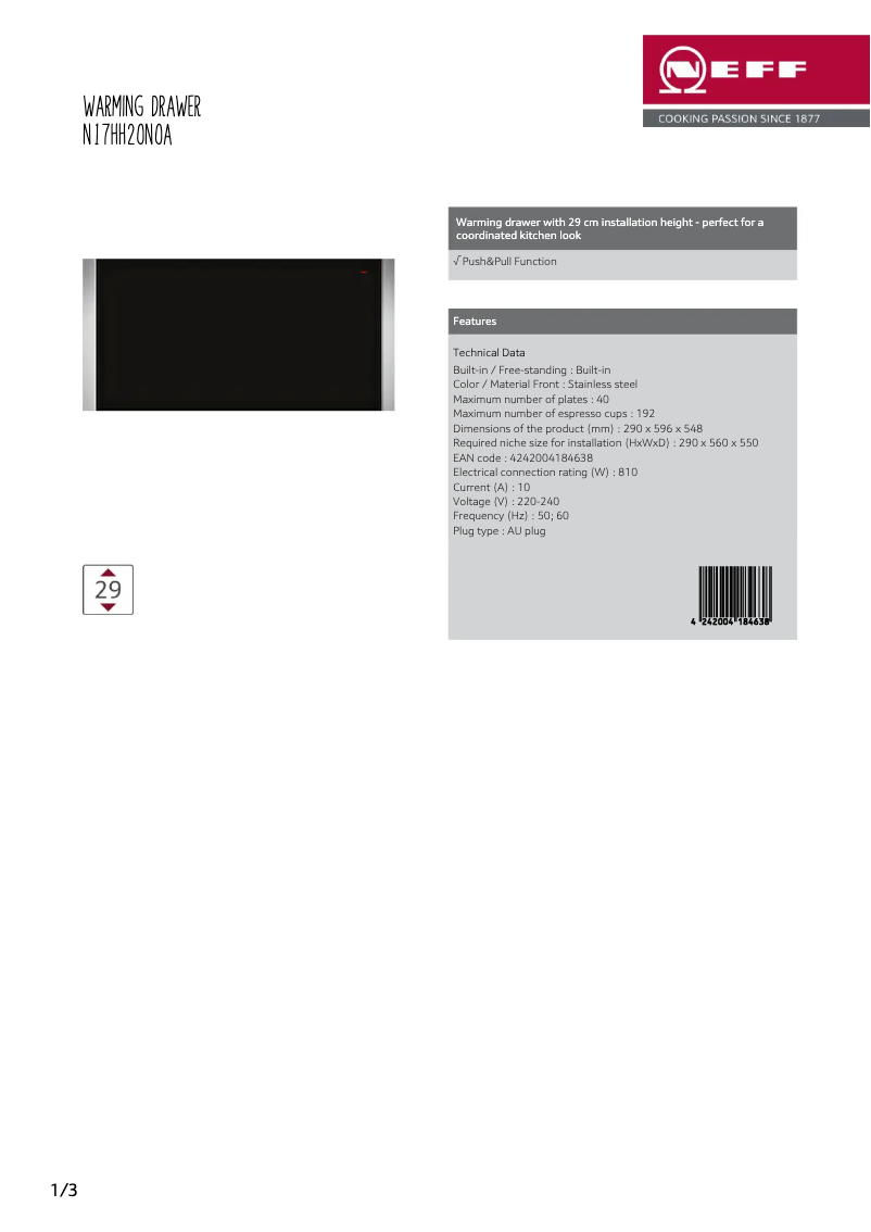 Page 1 of the manual Technical Sheet Neff N17HH20N0A