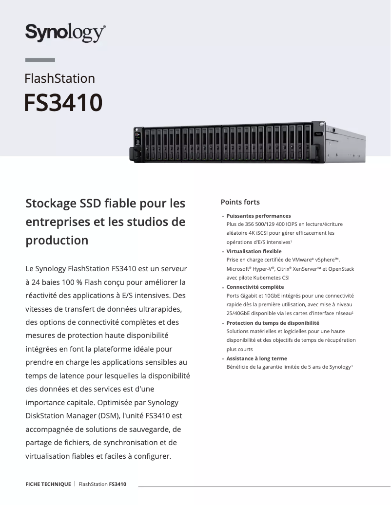 Page 1 de la notice Fiche technique Synology FlashStation FS3410