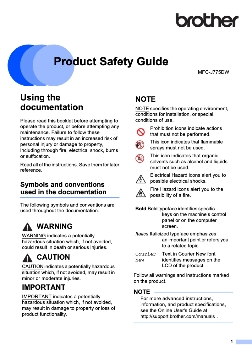 Page n°1 - Instructions de sécurité Brother MFC-J775DW