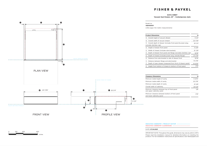 Page 1 de la notice Fiche technique Fisher & Paykel VB24SDEX1