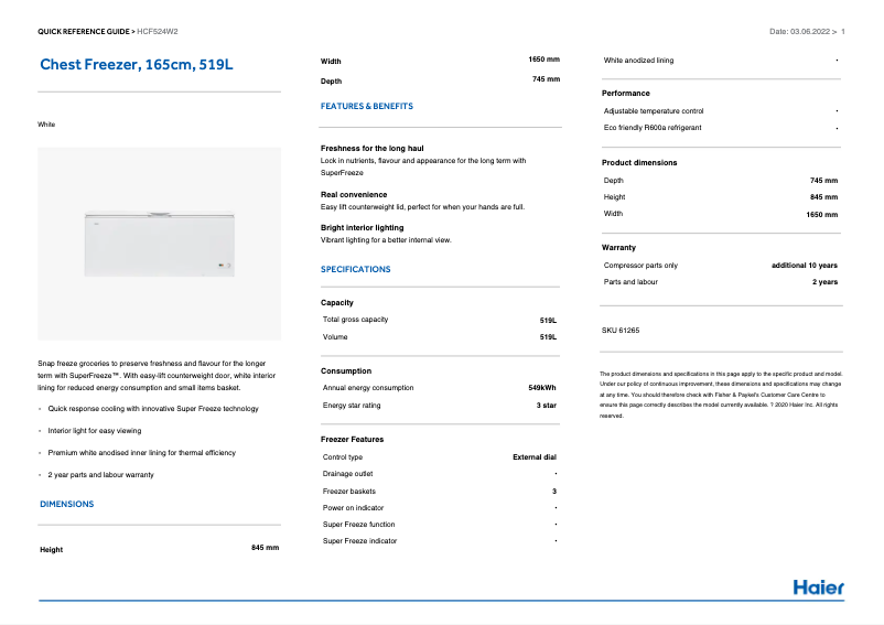 Page n°1 - Informations de garantie Haier HCF524W2