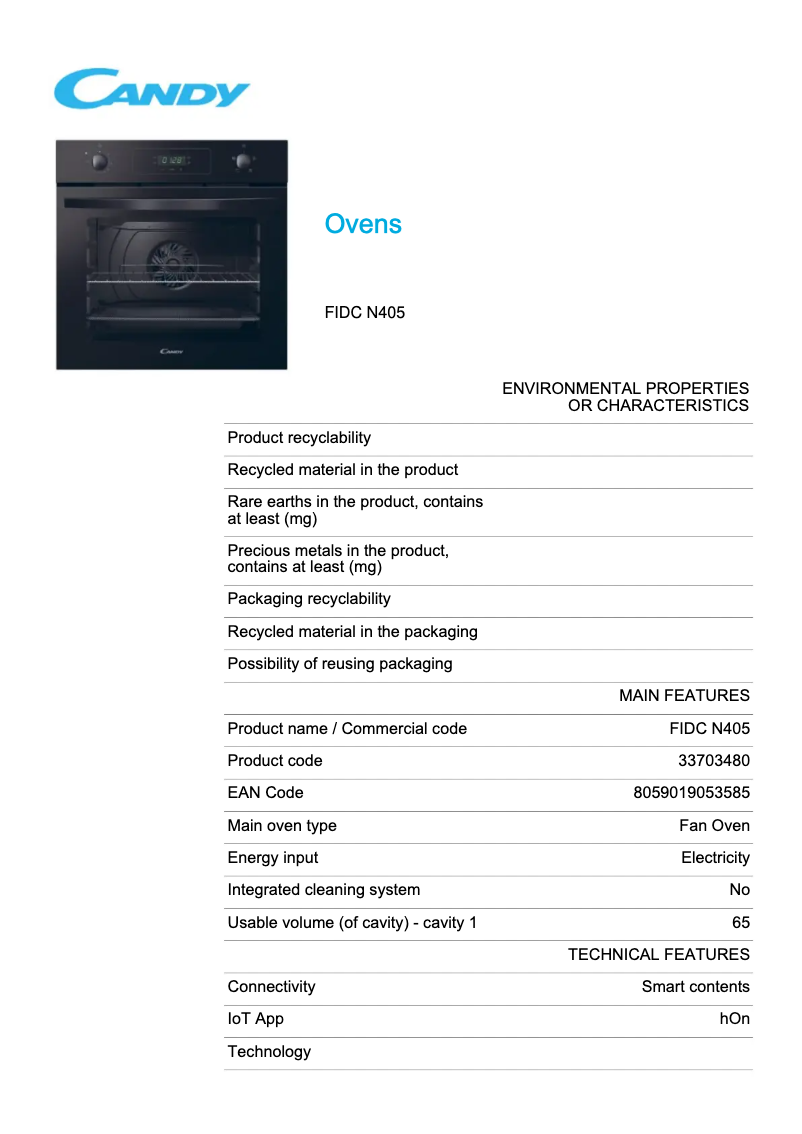 Page 1 de la notice Fiche technique Candy FIDC N405