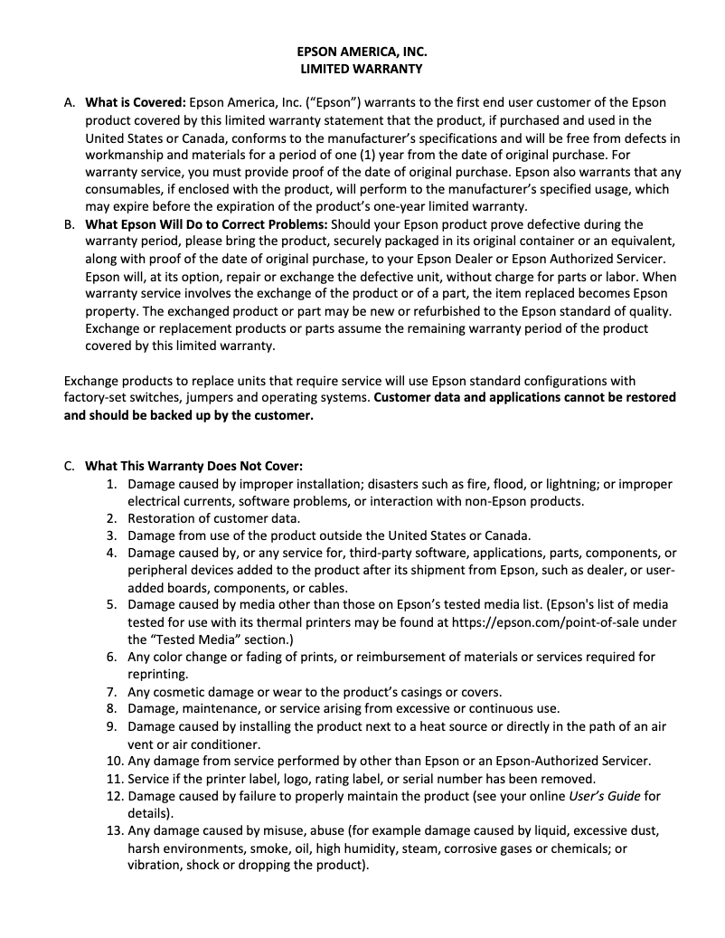 Page 1 de la notice Informations de garantie Epson TM-U295