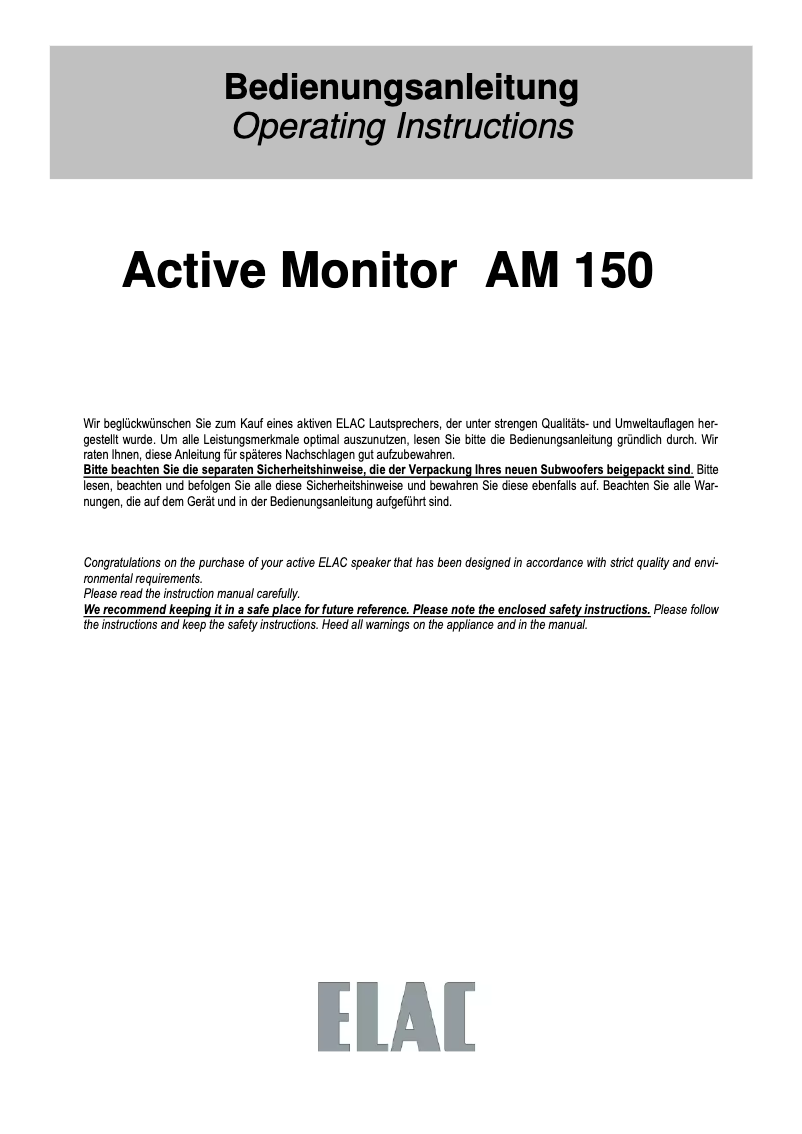 Page 1 de la notice Manuel utilisateur ELAC Active Monitor AM 150