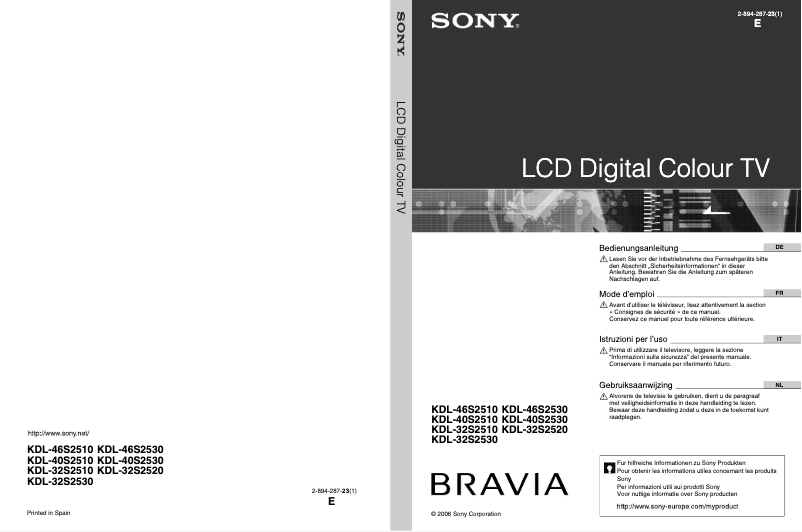 Page 1 de la notice Manuel utilisateur Sony Bravia KDL-32S2520