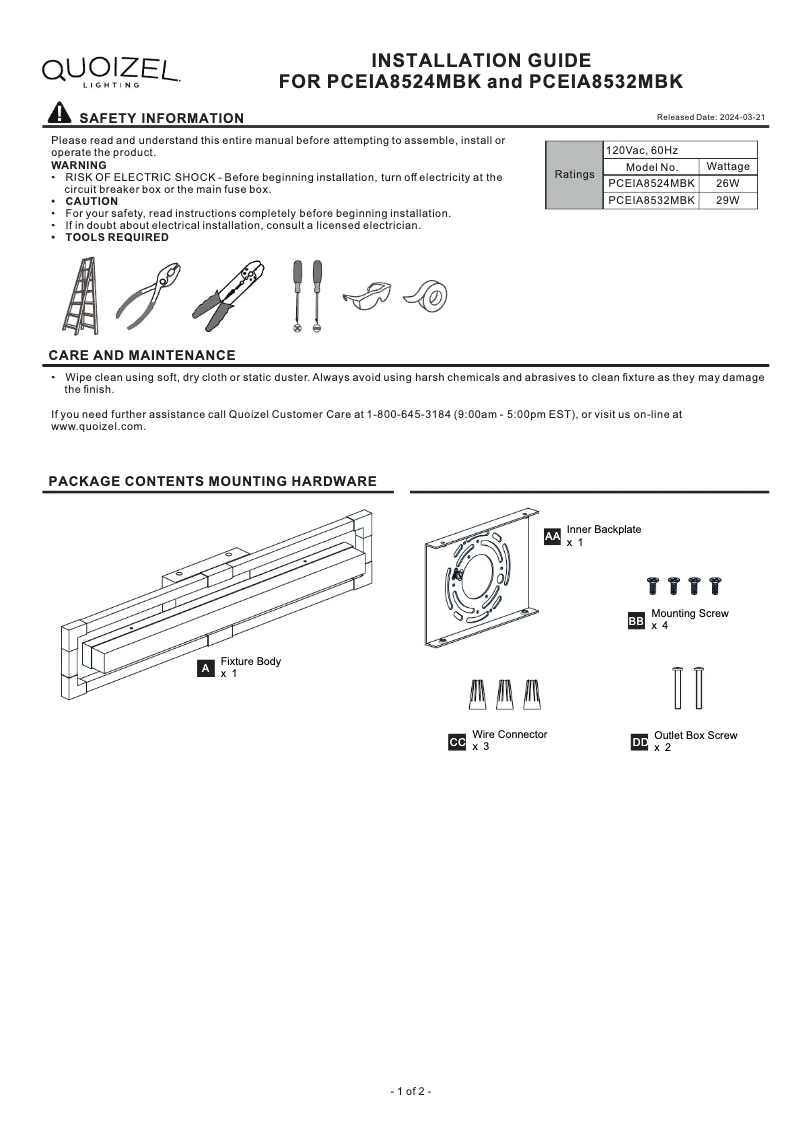 Page 1 de la notice Manuel utilisateur Quoizel Elias PCEIA8532MBK