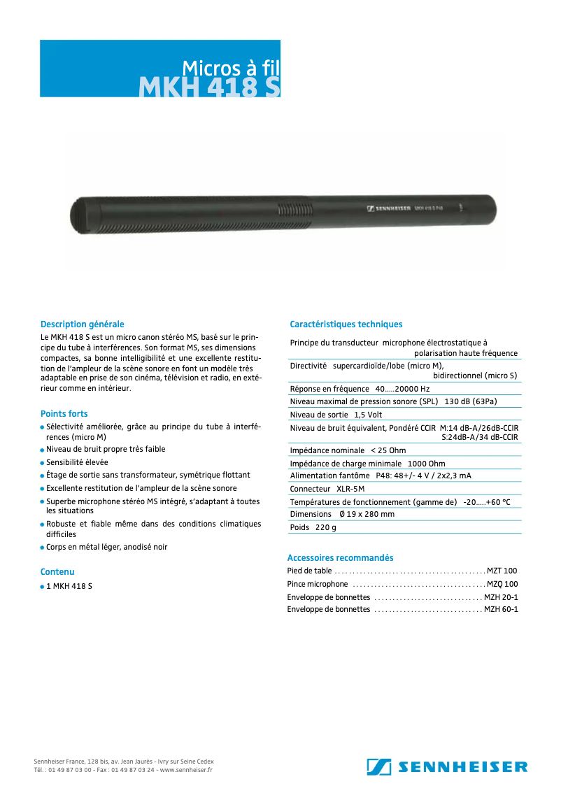 Page n°1 - Fiche technique Sennheiser MKH 418-S
