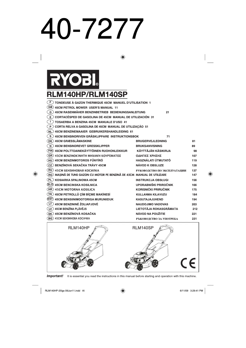 Page n°1 - Manuel utilisateur RYOBI RLM140HP