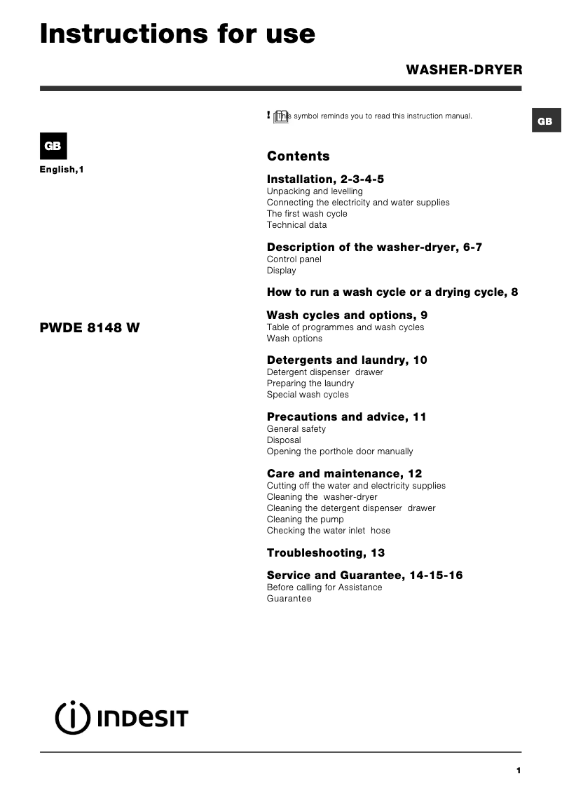 Page n°1 - Manuel utilisateur Indesit PWDE 8148 S