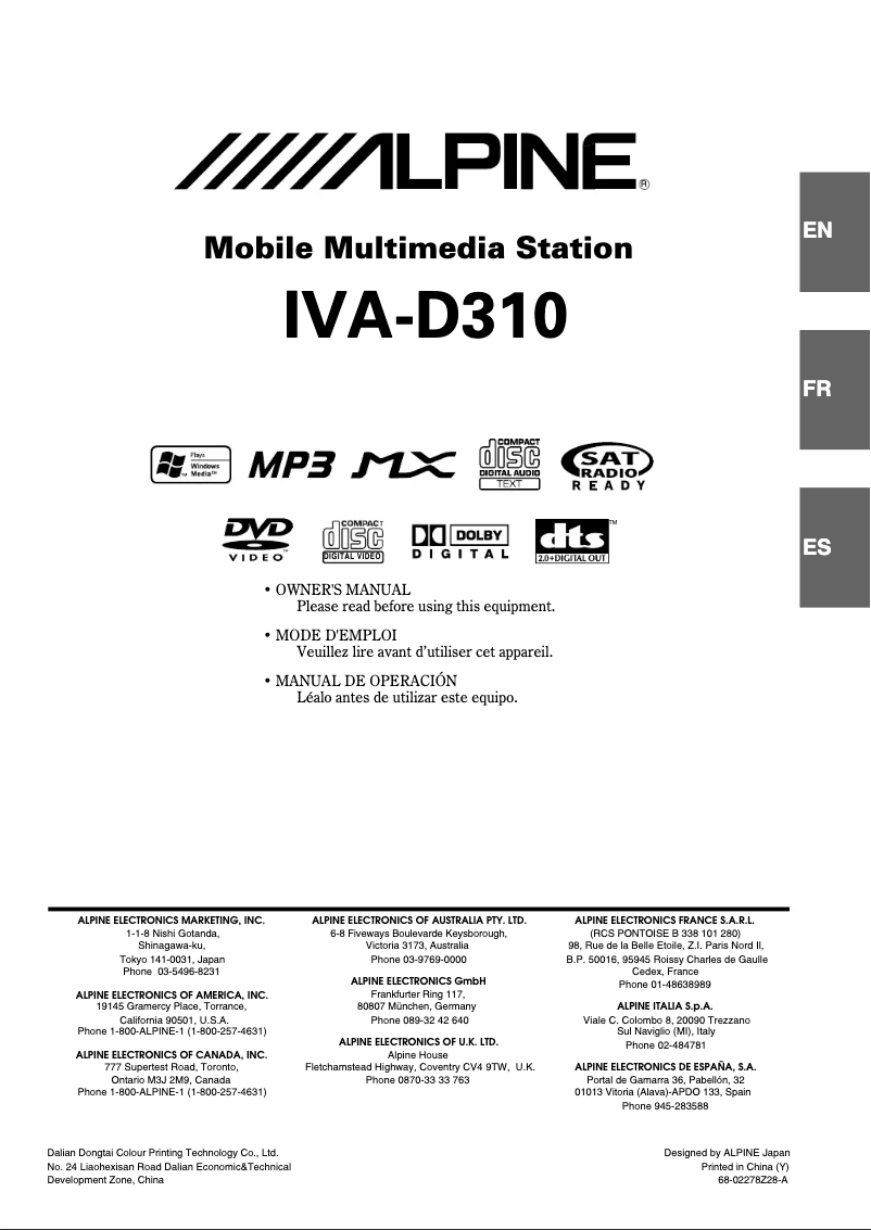 Page 1 de la notice Manuel utilisateur Alpine IVA-D310