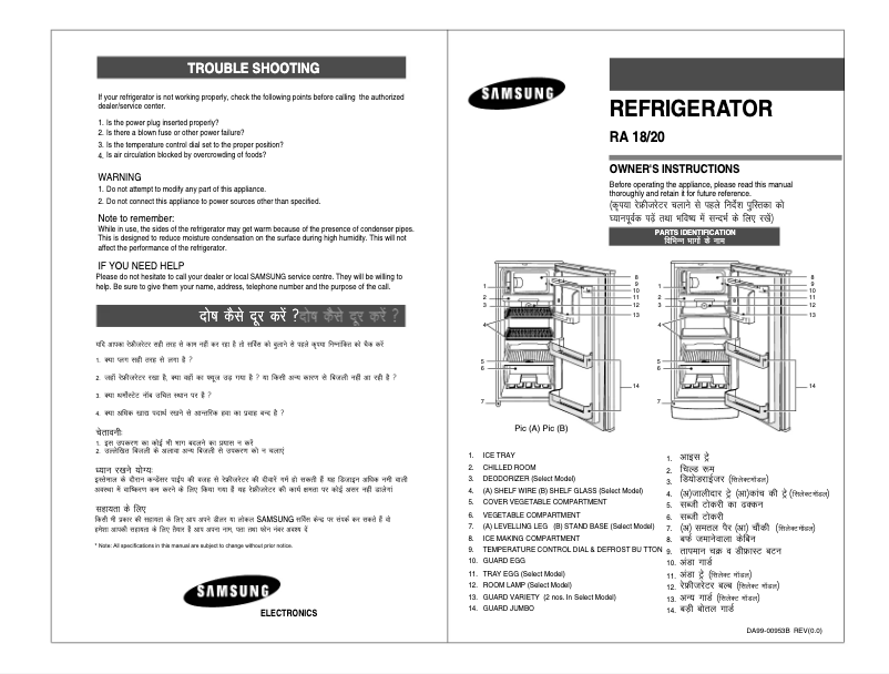 Page 1 de la notice Manuel utilisateur Samsung RA18YVTT
