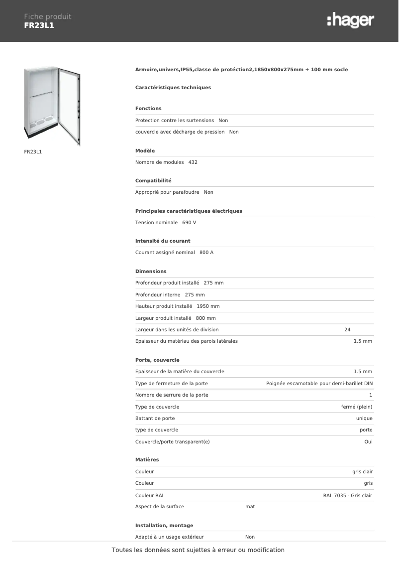 Page n°1 - Fiche technique Hager FR23L1