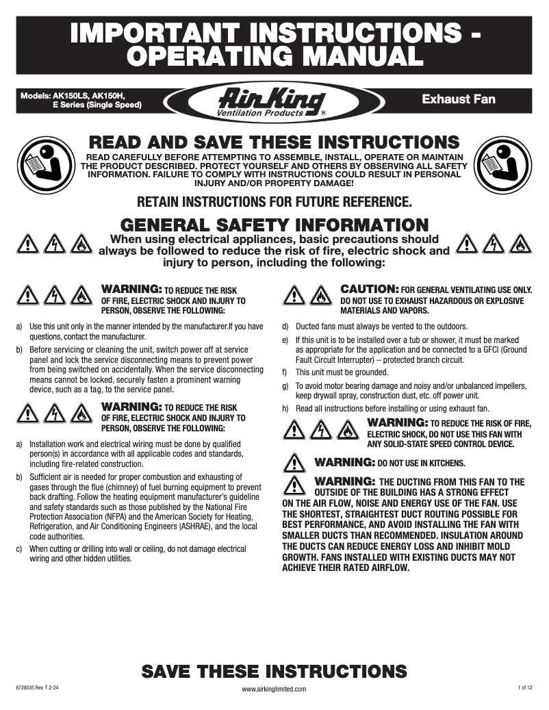 Page n°1 - Instructions / montage Air King E110S