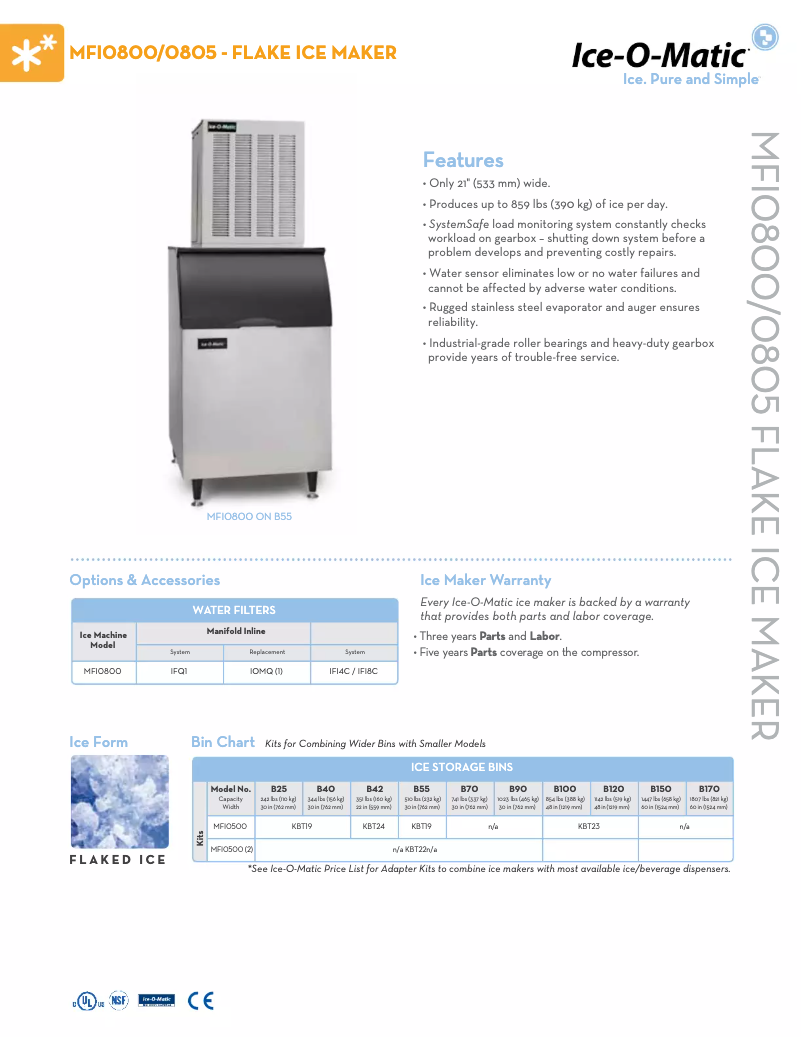 Page 1 of the manual Technical Sheet Ice-O-Matic MFI0800A
