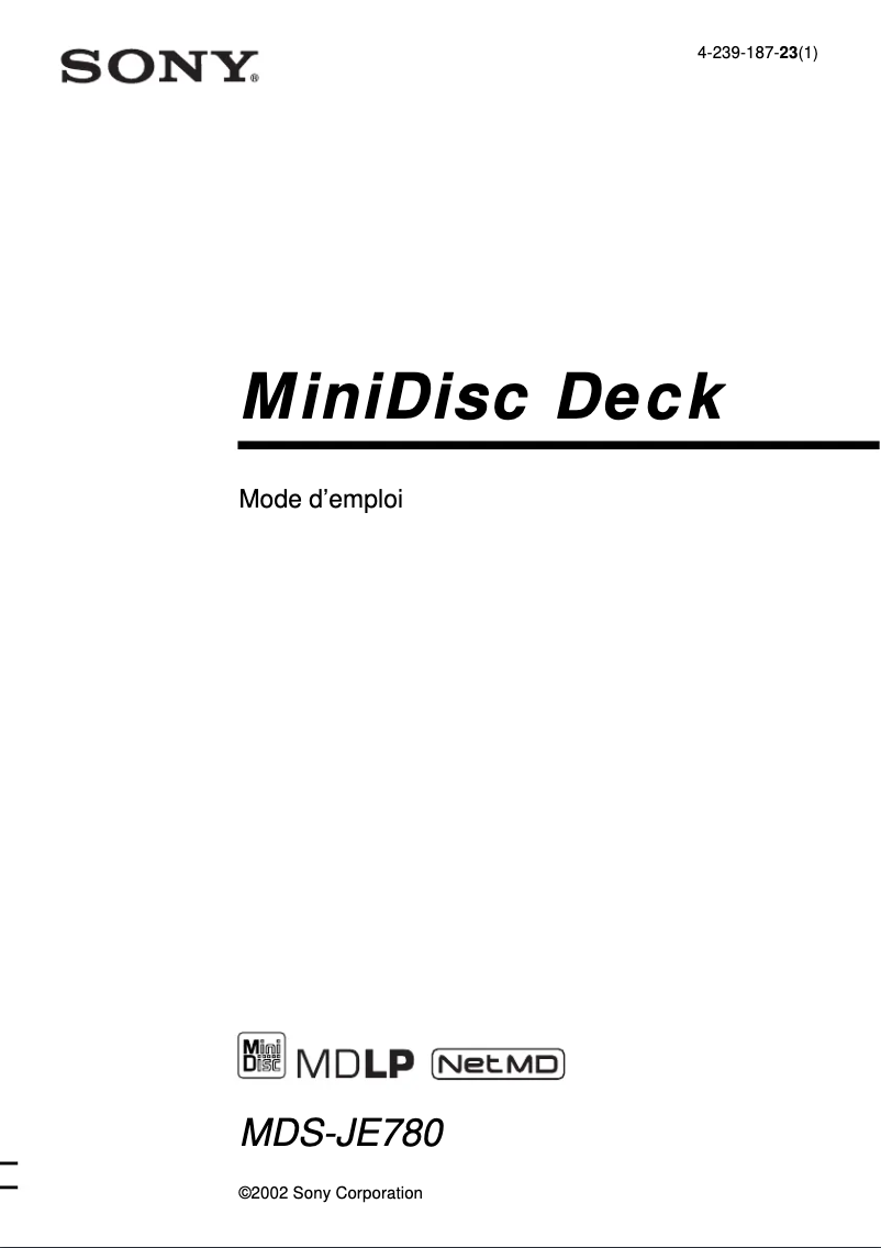 Page 1 de la notice Manuel utilisateur Sony MDS-JE780