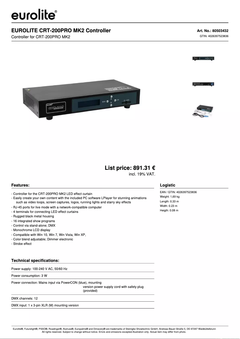 Page n°1 - Fiche technique Eurolite CRT-200PRO MK2