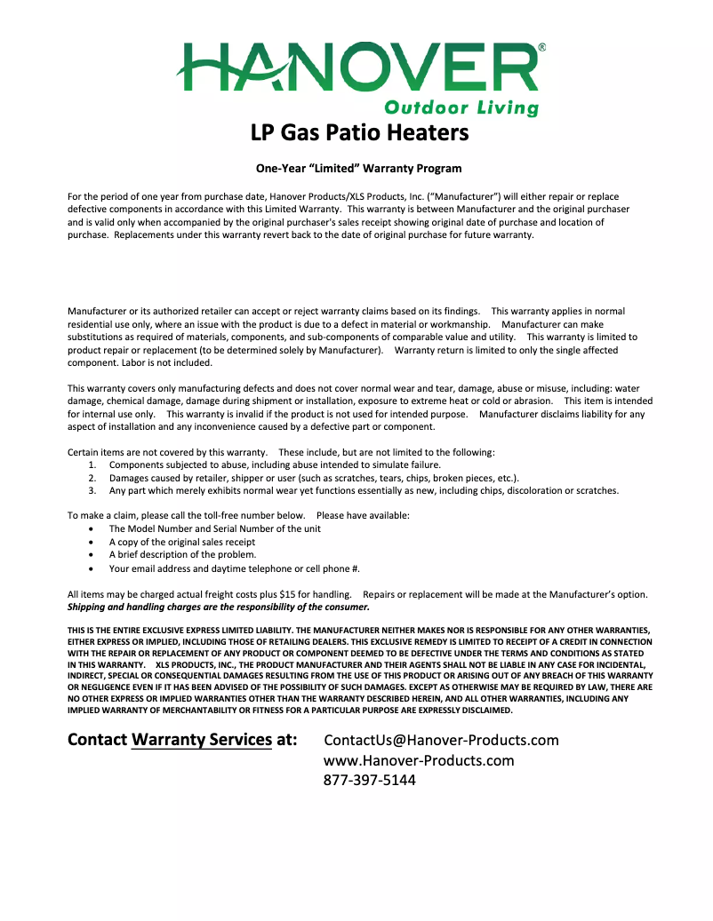 Page 1 de la notice Informations de garantie Hanover HAN001BR