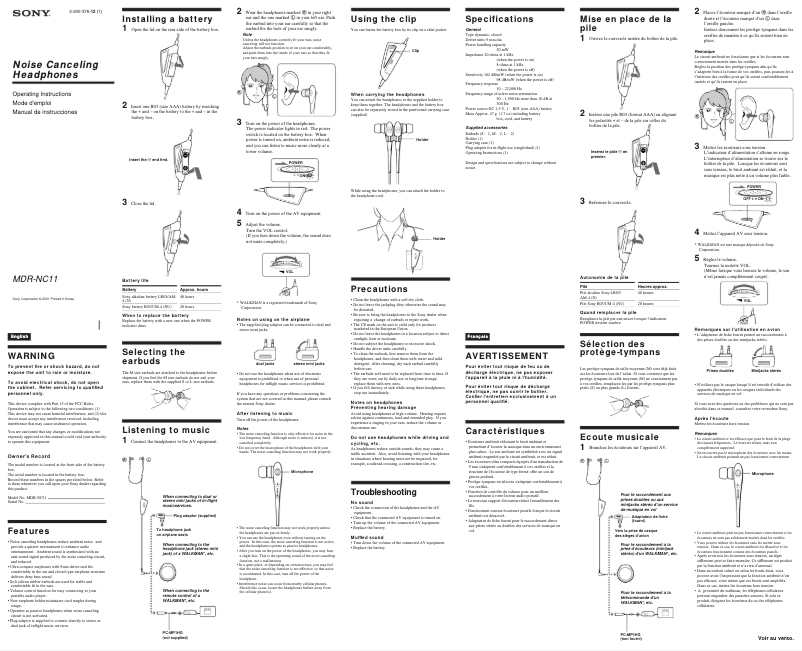Image de la première page du manuel de l'appareil MDR-NC11