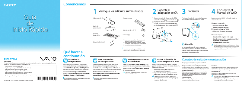 Página 1 del manual Guía de instalación Sony Vaio VPCL213FX