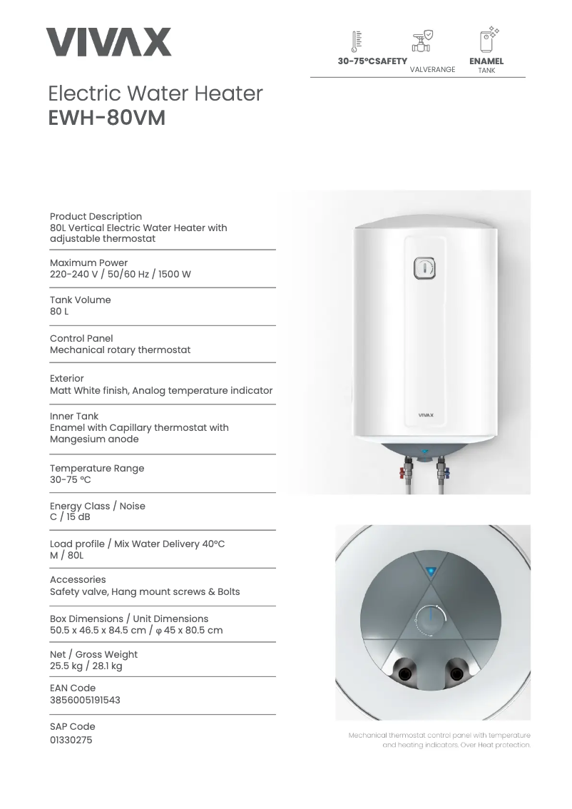 Page n°1 - Fiche technique Vivax EWH-80VM