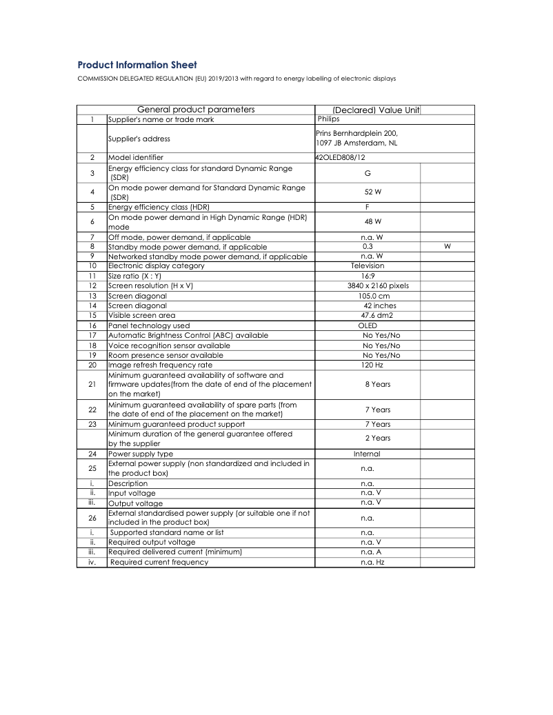 Page 1 de la notice Fiche technique Philips 42OLED808