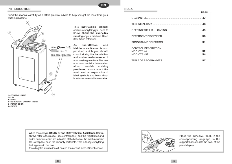 Page 1 de la notice Manuel utilisateur Candy CTS 45T UNI
