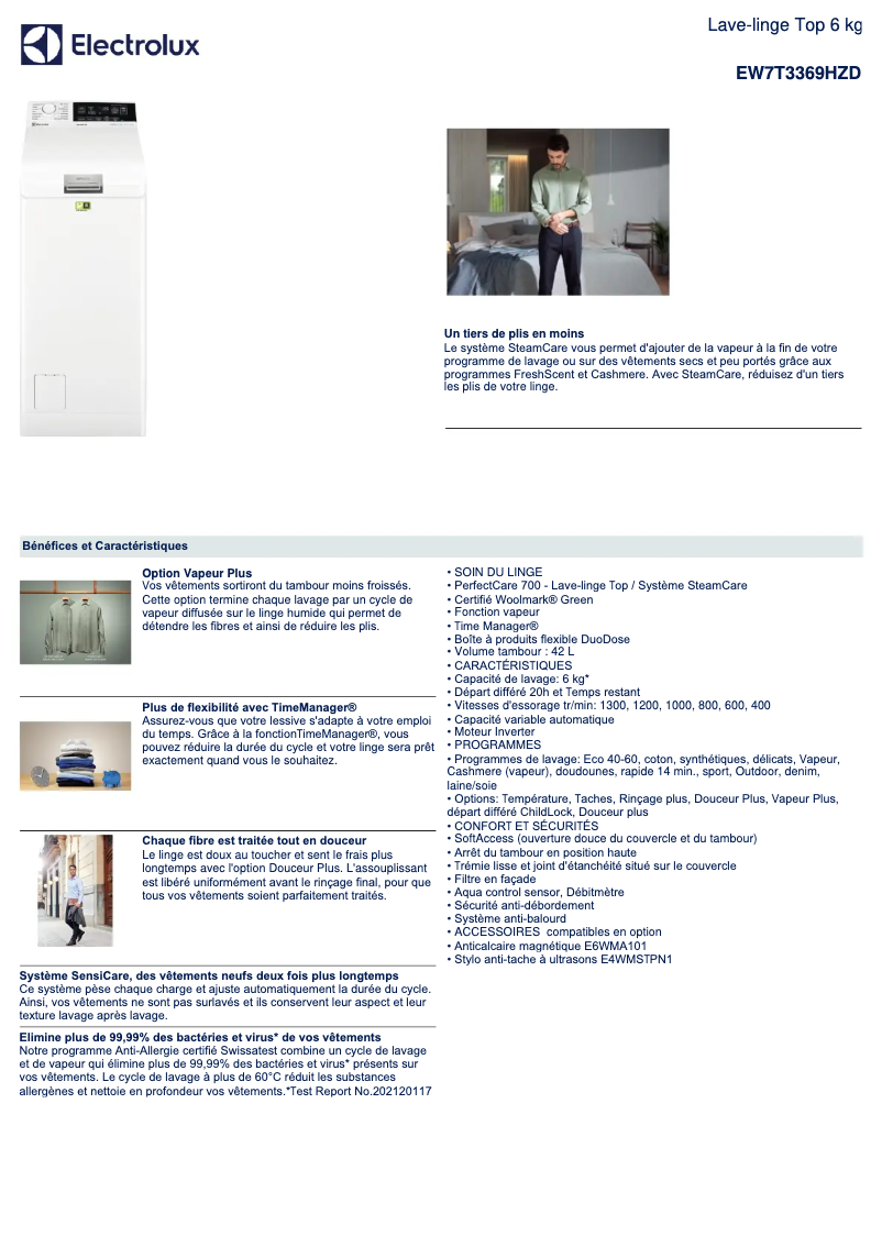 Page 1 de la notice Fiche technique Electrolux EW7T3369HZD