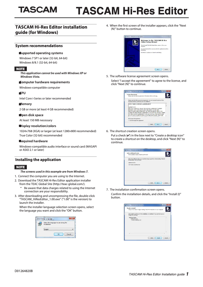 Page 1 de la notice Guide d'installation Tascam Hi-Res Editor