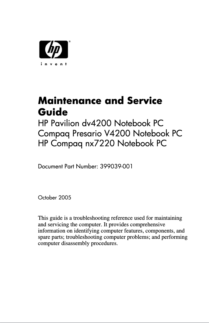 Page n°1 - Manuel utilisateur HP Compaq nx7220