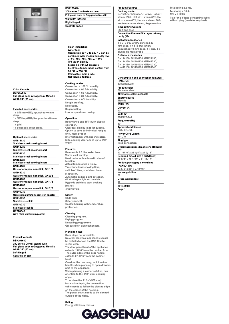 Página 1 del manual Ficha técnica Gaggenau BSP251610