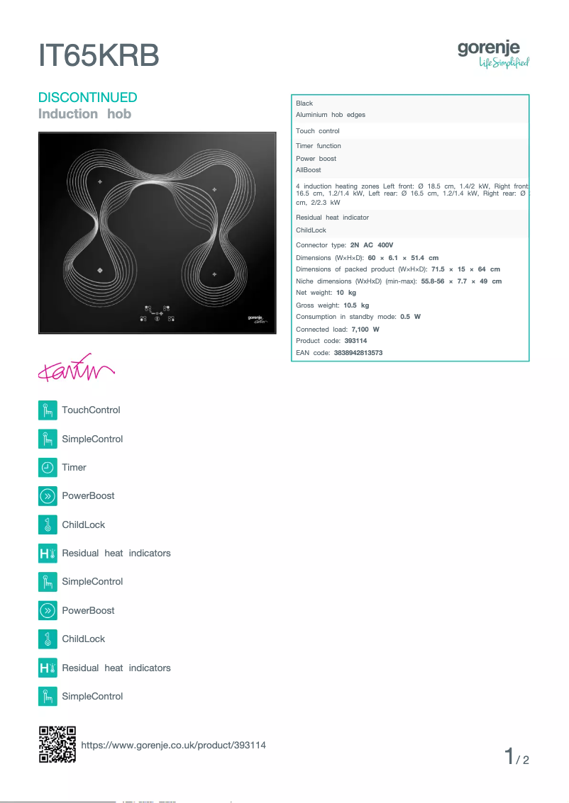 Page 1 de la notice Fiche technique Gorenje IT65KRB